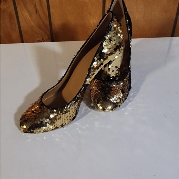 JCrew Factory Size 8.5 Gold Black Sequins Heels Pump 5 EUC ** - Picture 5 of 9